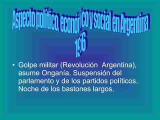Golpe militar (Revolución  Argentina), asume Onganía. Suspensión del parlamento y de los partidos políticos. Noche de los bastones largos.  Aspecto político, económico y social en Argentina 1956 