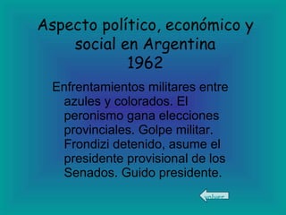 Enfrentamientos militares entre azules y colorados. El peronismo gana elecciones provinciales. Golpe militar. Frondizi detenido, asume el presidente provisional de los Senados. Guido presidente.  Aspecto político, económico y social en Argentina 1962 volver 