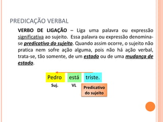 PREDICAÇÃO VERBAL VERBO DE LIGAÇÃO  – Liga uma palavra ou expressão  significativa  ao sujeito.  Essa palavra ou expressão denomina-se  predicativo do sujeito . Quando assim ocorre, o sujeito não pratica nem sofre ação alguma, pois não há ação verbal, trata-se, tão somente, de um  estado  ou de uma  mudança de estado . está triste. Pedro Suj. VL Predicativo do sujeito 