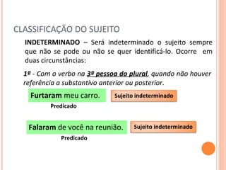 CLASSIFICAÇÃO DO SUJEITO INDETERMINADO  – Será indeterminado o sujeito sempre que não se pode ou não se quer identificá-lo. Ocorre  em duas circunstâncias: Furtaram  meu carro. Predicado 1ª  - Com o verbo na  3ª pessoa do plural , quando não houver referência a substantivo anterior ou posterior .  Falaram  de você na reunião. Predicado Sujeito indeterminado Sujeito indeterminado 