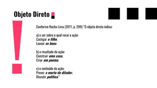 Objeto Direto
Conforme Rocha Lima (2011, p. 299) “O objeto direto indica:
a) o ser sobre o qual recai a ação:
Castigar o filho.
Louvar os bons.
b) o resultado da ação:
Construir uma casa.
Criar um poema.
c) o conteúdo da ação:
Prever a morte do ditador.
Discutir política.”
 