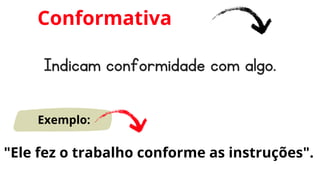 Indicam conformidade com algo.
Conformativa
Exemplo:
"Ele fez o trabalho conforme as instruções".
 