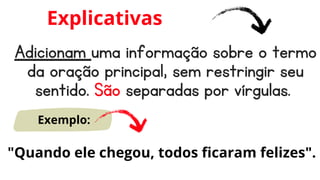 Adicionam uma informação sobre o termo
da oração principal, sem restringir seu
sentido. São separadas por vírgulas.
Explicativas
Exemplo:
"Quando ele chegou, todos ficaram felizes".
 
