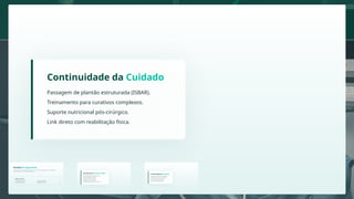Inicia-se após a saída da sala operatória. O foco migra da intervenção para a estabilização,
prevenção de danos e início da reabilitação.
Período Pós-Operatório
Objetivos Clínicos:
Recuperação da anestesia
Controle rigoroso da dor
Prevenção de infecções
Recuperação funcional
As Fases da Recuperação
Imediato: Primeiras 24 horas críticas.
Mediato: Após a fase imediata, na unidade.
Tardio: Recuperação avançada e reabilitação.
A Hora Crítica (Imediato)
Foco na estabilização dos sinais vitais após o choque anestésico e cirúrgico.
Observar sangramentos, nível de dor e despertar anestésico.
Vias aéreas, Respiração, Circulação e Consciência.
Vigilância Técnica:
Prioridade ABCDE
Recuperação Anestésica (RPA)
Monitoração da escala de Aldrete e Kroulik.
Gestão de analgesia multimodal.
Aquecimento ativo do paciente.
Avaliação do nível de consciência.
Oxigenoterapia suplementar se necessário.
Evolução Mediata
O paciente retorna à enfermaria. O foco é a prevenção de complicações tardias e retorno à autonomia.
Avaliação diária da ferida operatória, febre e leucocitose. Retorno do peristaltismo, diurese e deambulação precoce.
Vigilância de Infecção: Função Orgânica:
Rotina na Unidade
Curativo conforme técnica asséptica.
Incentivo à mobilização no leito.
Auxílio na progressão da dieta.
Administração rigorosa de antibióticos.
Educação para o autocuidado.
Retorno e Reabilitação
Fase avançada da recuperação. O foco é a cicatrização completa e o retorno à vida social e laborativa.
Acompanhamento de complicações tardias (ex: deiscência).
Orientações para alta hospitalar segura.
Recuperação funcional plena.
Continuidade da Cuidado
Passagem de plantão estruturada (ISBAR).
Treinamento para curativos complexos.
Suporte nutricional pós-cirúrgico.
Link direto com reabilitação física.
Inicia-se após a saída da sala operatória. O foco migra da intervenção para a estabilização,
prevenção de danos e início da reabilitação.
Período Pós-Operatório
Objetivos Clínicos:
Recuperação da anestesia
Controle rigoroso da dor
Prevenção de infecções
Recuperação funcional
Recuperação Anestésica (RPA)
Monitoração da escala de Aldrete e Kroulik.
Gestão de analgesia multimodal.
Aquecimento ativo do paciente.
Avaliação do nível de consciência.
Oxigenoterapia suplementar se necessário.
Continuidade da Cuidado
Passagem de plantão estruturada (ISBAR).
Treinamento para curativos complexos.
Suporte nutricional pós-cirúrgico.
Link direto com reabilitação física.
 