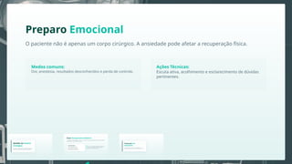 Gestão no Centro
Cirúrgico
Excelência na Assistência Perioperatória e Segurança
do Paciente em Ambiente de Alta Complexidade.
A assistência de enfermagem no Centro Cirúrgico (CC) integra tecnologia de ponta e humanização
para garantir o sucesso da intervenção.
Fluxo Perioperatório Moderno
O CC é o núcleo de precisão onde a assistência
técnica e a tecnologia se encontram para a
segurança máxima do paciente.
Foco Estratégico:
Otimização de sala e recursos.
Técnicas assépticas avançadas.
Monitoramento multiparamétrico.
Protocolo Pré-
Operatório
Padronização de processos para entrada segura no
ambiente estéril. Garantia de conformidade técnica e clínica.
Divisão do Pré-Operatório
Inicia-se na definição da cirurgia até o período imediatamente
anterior ao procedimento. Foco em avaliações clínicas e preparo
de longo prazo.
Período mais próximo à cirurgia. Envolve preparos físicos
finais e encaminhamento à sala operatória.
Nota: A duração varia conforme protocolo institucional e condição do paciente.
Mediato Imediato
Checklist de Admissão no CC
Validação de exames por imagem digitais.
Conferência de reserva de hemoderivados.
Protocolo de lateralidade (sinalização).
Verificação de dispositivos implantáveis.
Consentimento digital assinado.
Checklist Imediato
A segurança é construída na conferência de detalhes.
Confirmação de identidade e cirurgia.
Verificação do tempo de jejum.
Monitorização de sinais vitais.
Retirada de adornos e próteses.
Preparo da pele conforme prescrição.
Acesso venoso e medicações prévias.
Conferência de termos e registros.
Esvaziamento vesical.
Objetivos da Equipe
Preparar: Otimizar condições físicas.
Prevenir: Reduzir riscos evitáveis.
Acolher: Mitigar medo e ansiedade.
Garantir: Segurança documental e clínica.
O Papel do Técnico
A equipe de enfermagem é a barreira final de segurança:
"A segurança começa antes da sala cirúrgica."
Conferir identificação
Verificar sinais vitais
Administrar medicações
Auxiliar no preparo físico
Comunicar alterações
Registrar cuidados
Tranquilizar o paciente
A conformidade do jejum é monitorada via sistema para
prevenir a síndrome de Mendelson e otimizar a
indução.
Jejum e Segurança Anestésica
Líquidos claros: 2 horas de jejum.
Refeições leves: 6 horas de jejum.
Refeições completas: 8 horas de jejum.
Preparo Emocional
O paciente não é apenas um corpo cirúrgico. A ansiedade pode afetar a recuperação física.
Escuta ativa, acolhimento e esclarecimento de dúvidas
pertinentes.
Dor, anestesia, resultados desconhecidos e perda de controle.
Medos comuns: Ações Técnicas:
Gestão no Centro
Cirúrgico
Excelência na Assistência Perioperatória e Segurança
do Paciente em Ambiente de Alta Complexidade.
A assistência de enfermagem no Centro Cirúrgico (CC) integra tecnologia de ponta e humanização
para garantir o sucesso da intervenção.
Fluxo Perioperatório Moderno
O CC é o núcleo de precisão onde a assistência
técnica e a tecnologia se encontram para a
segurança máxima do paciente.
Foco Estratégico:
Otimização de sala e recursos.
Técnicas assépticas avançadas.
Monitoramento multiparamétrico.
Protocolo Pré-
Operatório
Padronização de processos para entrada segura no
ambiente estéril. Garantia de conformidade técnica e clínica.
 