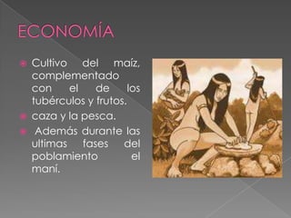 ECONOMÍACultivo del maíz, complementado con el de los tubérculos y frutos.caza y la pesca.Además durante las ultimas fases del poblamiento el maní.