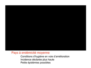 Pays à endémicité moyenne Conditions d’hygiène en voie d’amélioration Incidence déclarée plus haute Petite épidémies possibles 