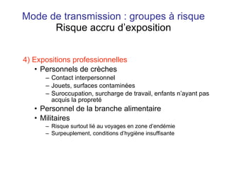 Mode de transmission : groupes à risque Risque accru d’exposition 4) Expositions professionnelles Personnels de crèches Contact interpersonnel Jouets, surfaces contaminées Suroccupation, surcharge de travail, enfants n’ayant pas acquis la propreté Personnel de la branche alimentaire Militaires Risque surtout lié au voyages en zone d’endémie Surpeuplement, conditions d’hygiène insuffisante 