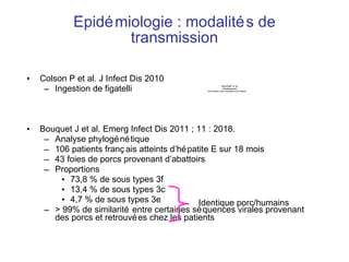 Epidémiologie : modalités de transmission Colson P et al. J Infect Dis 2010 Ingestion de figatelli Bouquet J et al. Emerg Infect Dis 2011 ; 11 : 2018. Analyse phylogénétique 106 patients français atteints d’hépatite E sur 18 mois 43 foies de porcs provenant d’abattoirs Proportions  73,8 % de sous types 3f 13,4 % de sous types 3c 4,7 % de sous types 3e > 99% de similarité entre certaines séquences virales provenant des porcs et retrouvées chez les patients Identique porc/humains 