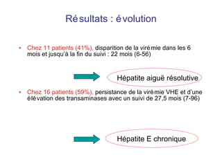 Résultats : évolution Chez 11 patients (41%),  disparition de la virémie dans les 6 mois et jusqu’à la fin du suivi : 22 mois (6-56) Chez 16 patients (59%),  persistance de la virémie VHE et d’une élévation des transaminases avec un suivi de 27,5 mois (7-96) Hépatite aigu ë résolutive Hépatite E chronique 