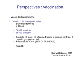 Perspectives : vaccination -  Vaccin GSK abandonné Vaccin chinois en production Etude randomisée 3 doses 56302 vaccinés  56302 placébo Suivi de 12 mois, 15 hépatite E dans le groupe contr ôle, 0 dans le groupe vacciné Efficacité de 100% (95% CI 72.1-100.0) Pas d’EI  Basnyat B Lancet 2011 Zhu F-C Lancet 2010 