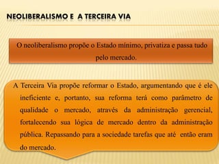 NEOLIBERALISMO E A TERCEIRA VIA


  O neoliberalismo propõe o Estado mínimo, privatiza e passa tudo
                            pelo mercado.


 A Terceira Via propõe reformar o Estado, argumentando que é ele
   ineficiente e, portanto, sua reforma terá como parâmetro de
   qualidade o mercado, através da administração gerencial,
   fortalecendo sua lógica de mercado dentro da administração
   pública. Repassando para a sociedade tarefas que até então eram
   do mercado.
 