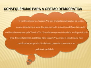 CONSEQUÊNCIAS PARA A GESTÃO DEMOCRÁTICA


              O neoliberalismo e a Terceira Via têm profundas implicações na gestão,

           porque introduzem a ideia de quase mercado, conceito partilhado tanto pelo

neoliberalismo quanto pela Terceira Via. Entendemos que está vinculado ao diagnóstico de

    crise do neoliberalismo, partilhado pela Terceira Via, de que o Estado não é mais

             coordenador porque ele é ineficiente, passando o mercado a ser

                                padrão de qualidade.
 