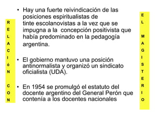 • Hay una fuerte reivindicación de las
                                                E
      posiciones espiritualistas de
R     tinte escolanovistas a la vez que se      L
E     impugna a la concepción positivista que
L     había predominado en la pedagogía         M
A     argentina.                                A
C                                               G
I                                               I
    • El gobierno mantuvo una posición
                                                S
ó     antinormalista y organizó un sindicato
N     oficialista (UDA).                        T
                                                E
                                                R
C   • En 1954 se promulgó el estatuto del
O     docente argentino del General Perón que   I
N     contenía a los docentes nacionales        O
 