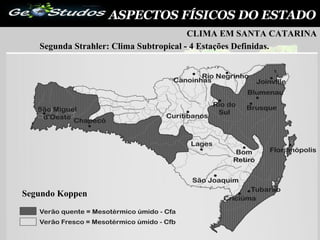 ASPECTOS FÍSICOS DO ESTADO Segunda Strahler: Clima Subtropical - 4 Estações Definidas. CLIMA EM SANTA CATARINA Segundo Koppen 