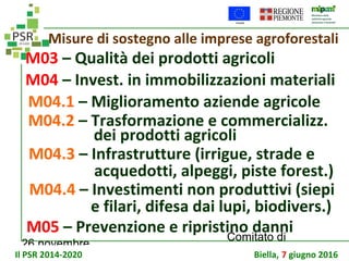 26 novembre
Comitato di
sorveglianza PSR
Misure di sostegno alle imprese agroforestali
M03 – Qualità dei prodotti agricoli
M04 – Invest. in immobilizzazioni materiali
M04.1 – Miglioramento aziende agricole
M04.2 – Trasformazione e commercializz.
dei prodotti agricoli
M04.3 – Infrastrutture (irrigue, strade e
acquedotti, alpeggi, piste forest.)
M04.4 – Investimenti non produttivi (siepi
e filari, difesa dai lupi, biodivers.)
M05 – Prevenzione e ripristino danni
Il PSR 2014-2020 Biella, 7 giugno 2016
 
