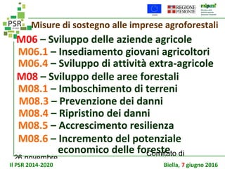 26 novembre
Comitato di
sorveglianza PSR
Misure di sostegno alle imprese agroforestali
M06 – Sviluppo delle aziende agricole
M06.1 – Insediamento giovani agricoltori
M06.4 – Sviluppo di attività extra-agricole
M08.1 – Imboschimento di terreni
M08.3 – Prevenzione dei danni
M08 – Sviluppo delle aree forestali
M08.4 – Ripristino dei danni
M08.5 – Accrescimento resilienza
M08.6 – Incremento del potenziale
economico delle foreste
Il PSR 2014-2020 Biella, 7 giugno 2016
 
