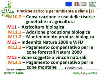 26 novembre
Comitato di
sorveglianza PSR
Pratiche agricole per ambiente e clima (2)
M10.2 – Conservazione e uso delle risorse
genetiche in agricoltura
M11 – Agricoltura biologica
M11.1 – Adozione produzione biologica
M11.2 – Mantenimento produz. biologica
M12 – Indennità Natura 2000 e WFD
M12.2 – Pagamento compensativo per le
zone forestali Natura 2000
M13 – Zone soggette a vincoli naturali
M13.1 – Pagamento compensativo per le
zone montane
Il PSR 2014-2020 Biella, 7 giugno 2016
 