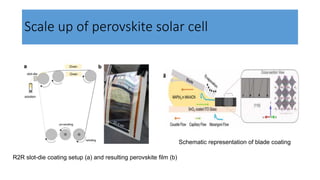 Scale up of perovskite solar cell
Schematic representation of blade coating
R2R slot-die coating setup (a) and resulting perovskite film (b)
 