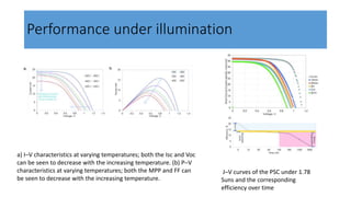 Performance under illumination
J–V curves of the PSC under 1.78
Suns and the corresponding
efficiency over time
a) I–V characteristics at varying temperatures; both the Isc and Voc
can be seen to decrease with the increasing temperature. (b) P–V
characteristics at varying temperatures; both the MPP and FF can
be seen to decrease with the increasing temperature.
 