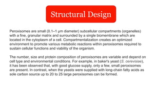 Structural Design
Peroxisomes are small (0.1–1 µm diameter) subcellular compartments (organelles)
with a fine, granular matrix and surrounded by a single biomembrane which are
located in the cytoplasm of a cell. Compartmentalization creates an optimized
environment to promote various metabolic reactions within peroxisomes required to
sustain cellular functions and viability of the organism.
The number, size and protein composition of peroxisomes are variable and depend on
cell type and environmental conditions. For example, in baker's yeast (S. cerevisiae),
it has been observed that, with good glucose supply, only a few, small peroxisomes
are present. In contrast, when the yeasts were supplied with long-chain fatty acids as
sole carbon source up to 20 to 25 large peroxisomes can be formed.
 