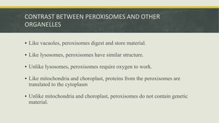 CONTRAST BETWEEN PEROXISOMES AND OTHER
ORGANELLES
• Like vacuoles, peroxisomes digest and store material.
• Like lysosomes, peroxisomes have similar structure.
• Unlike lysosomes, peroxisomes require oxygen to work.
• Like mitochondria and choroplast, proteins from the peroxisomes are
translated to the cytoplasm
• Unlike mitochondria and choroplast, peroxisomes do not contain genetic
material.
 