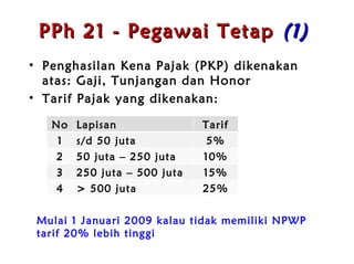 PPh 21 - Pegawai Tetap   ( 1 )   Penghasilan Kena Pajak (PKP) dikenakan   atas:  Gaji, Tunjangan dan Honor Tarif Pajak yang dikenakan:  Mulai 1 Jan uari  2009  k alau  t idak  m emiliki NPWP  t arif 20% lebih tinggi No Lapisan  Tarif 1 s/d 50 juta 5% 2 50 juta – 250 juta 10% 3 250 juta – 500 juta 15% 4 > 500 juta 25% 