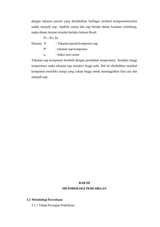 dengan tekanan parsial yang ditimbulkan berbagai molekul komponentersebut
   sudah menjadi uap. Apabila cairan dan uap berada dalam keadaan setimbang,
   maka dalam larutan tersebut berlaku hokum Roult:
           Pi = Po. Xi
   Dimana Pi        : Tekanan parsial komponen uap
           Po       : tekanan uap komponen
           xi       : fraksi mol cairan
   Tekanan uap komponen berubah dengan perubahan temperature. Semakin tinggi
   temperature maka tekanan uap semakin tinggi pula. Hal ini disebabkan molekul
   komponen memiliki energi yang cukup tinggi untuk meninggalkan fasa cair dan
   menjadi uap.




                                      BAB III
                         METODOLOGI PERCOBAAN


3.1 Metodologi Percobaan
   3.1.1 Tahap Persiapan Praktikum
 