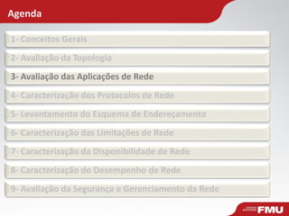 Agenda 
1- Conceitos Gerais 
2- Avaliação da Topologia 
3- Avaliação das Aplicações de Rede 
4- Caracterização dos Protocolos de Rede 
5- Levantamento do Esquema de Endereçamento 
6- Caracterização das Limitações de Rede 
7- Caracterização da Disponibilidade de Rede 
8- Caracterização do Desempenho de Rede 
9- Avaliação da Segurança e Gerenciamento da Rede  
