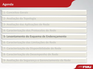 Agenda 
1- Conceitos Gerais 
2- Avaliação da Topologia 
3- Avaliação das Aplicações de Rede 
4- Caracterização dos Protocolos de Rede 
5- Levantamento do Esquema de Endereçamento 
6- Caracterização das Limitações de Rede 
7- Caracterização da Disponibilidade de Rede 
8- Caracterização do Desempenho de Rede 
9- Avaliação da Segurança e Gerenciamento da Rede  