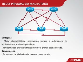 REDES PRIVADAS EM MALHA TOTAL 
Vantagens: 
- Maior disponibilidade, observando sempre a redundância de equipamentos, meios e operadoras; 
- Também pode oferecer atrasos mínimo e grande escalabilidade. 
Desvantagens: 
- As mesmas de Malha Parcial mas em maior escala.  