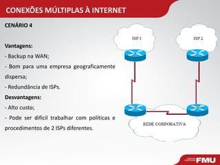 CONEXÕES MÚLTIPLAS À INTERNET 
CENÁRIO 4 
Vantagens: 
- Backup na WAN; 
- Bom para uma empresa geograficamente dispersa; 
- Redundância de ISPs. 
Desvantagens: 
- Alto custo; 
- Pode ser difícil trabalhar com políticas e procedimentos de 2 ISPs diferentes.  