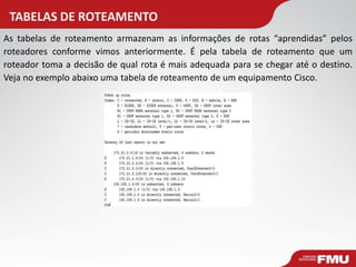 TABELAS DE ROTEAMENTO 
As tabelas de roteamento armazenam as informações de rotas “aprendidas” pelos roteadores conforme vimos anteriormente. É pela tabela de roteamento que um roteador toma a decisão de qual rota é mais adequada para se chegar até o destino. Veja no exemplo abaixo uma tabela de roteamento de um equipamento Cisco.  