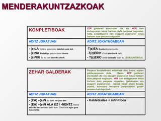 MENDERAKUNTZAZKOAK ZER  galderari erantzuten die, eta  NOR  izen sintagmaren lekua hartzen dute perpaus nagusian, hots, subjektuaren edo osagarri zuzenaren lekua hartzen dute perpaus nagusian. KONPLETIBOAK T(z)EA  Ikastea  komeni zaizu.  - T(z)ERIK  Ez du  etortzerik  nahi. - T(z)EKO  Azkar  ibiltzeko  esan du .  ( SUBJUNTIBOA)  - (e)LA  Oihane gezurretan  dabilela uste dut. - (e)NA  Badakigu  gezurra esan  duena. - (e)NIK  Ez du uste  etorriko denik. ADITZ JOKATUGABEAN ADITZ JOKATUAN Perpaus konpletiboen antzekoak dira, baina, azpian galde-perpausa dute.  Beraz,  ZER  galderari erantzuten die eta osagarri zuzenaren lekua hartzen dute perpaus nagusian.  N0R  izen sintagmaren lekua hartzen dute perpaus nagusian. (gehienetan ere osagarri zuzenarena).  Izenak berak dioen bezala, aitzitik, horrelako menpeko perpausetan galde-perpaus bat dago beti. ZEHAR GALDERAK - Galdetzailea + infinitiboa - (EA) –(e)N  Ez dakit  zer jazo den. - (EA) –(e)N ALA EZ / -NENTZ  Afarira  etorriko den  esateko deitu dute.  Zeuk ikusi  egin gura duzunentz. ADITZ JOKATUGABEAN ADITZ JOKATUAN 