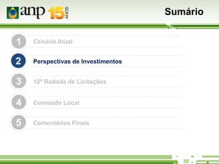 Sumário
1

Cenário Atual

2

Perspectivas de Investimentos

3

12ª Rodada de Licitações

4

Conteúdo Local

5

Comentários Finais

 