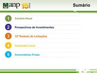 Sumário
1

Cenário Atual

2

Perspectivas de Investimentos

3

12ª Rodada de Licitações

4

Conteúdo Local

5

Comentários Finais

 