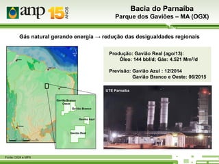Bacia do Parnaíba
Parque dos Gaviões – MA (OGX)
Gás natural gerando energia → redução das desigualdades regionais
Produção: Gavião Real (ago/13):
Óleo: 144 bbl/d; Gás: 4.521 Mm3/d

Bacia do Parnaíba

Previsão: Gavião Azul : 12/2014
Gavião Branco e Oeste: 06/2015
UTE Parnaíba
Gavião Branco
Oeste
Gavião Branco

Gavião Azul

Gavião Real

Fonte: OGX e MPX

 