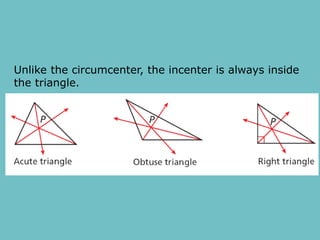 Unlike the circumcenter, the incenter is always inside
the triangle.
 