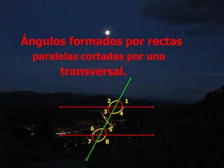 1
2
3 4
5
6
7 8
Ángulos formados por rectas
paralelas cortadas por una
transversal.
 