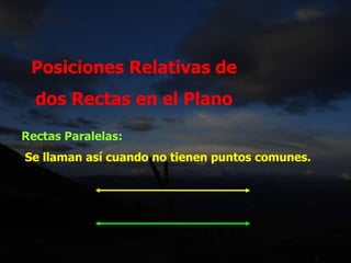 Posiciones Relativas de
dos Rectas en el Plano
Rectas Paralelas:
Se llaman así cuando no tienen puntos comunes.
 
