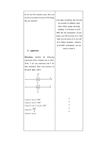 In our real life situation class, how can
you be an accurate in terms of the things
that you and day?
E. Application
Directions: Identify the following
statements below whether true or false.
Write T for true statement and F for
false statement. Base your answers on
the given figure below.
0
1.) 1 2 180
2.) 3 5 180
3.) 5 7 8 270
360
4.) 4
4
5.) 1 6
O
O
O
m m
m m
m m m
m
m m
   
   
     
 
  
I can make everything that I do and
say accurate by thinking many
times before saying and doing
anything. It is because if you’ll
think first the consequence of your
action, you will be aware of it. And
when you are aware of it, you will
do it without hesitation, whatever
its possible consequence, you are
ready to stand it.
T
T
T
T
F
1 2
3 4
5 6
7 8
t
k
j
 