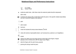 Notational Signs and Performance Instructions

U.C.

!

(
$
#
! $ !! $
$

sostenuto pedal notes : after these notes the sostenuto pedal should be depressed
silent notes
scratching the strings with a small object inside the piano in the specific notated areas [fieds]
and with a back/forth slightly erratic gesture

)
%%#%

"
#

U.C. Pedal
Sustain Pedal

palm
silent cluster
harmonic
inside the brackets the tempo slows between

+
! ! !! ! !
!

"' #
#"

" 40-50

notes with extreme imperceptible attack (as if produced by a plectrum; as if weightless )
cluster
striking and rolling upon the strings with the inside edge of the fingers; imagine
playing a roll on a snare-drum with the edge of your fingers.

% %
% &slide the fingers with the palm facing upwards
* plunking the strings inside the piano

*amplification is necessary if played in a big space

 
