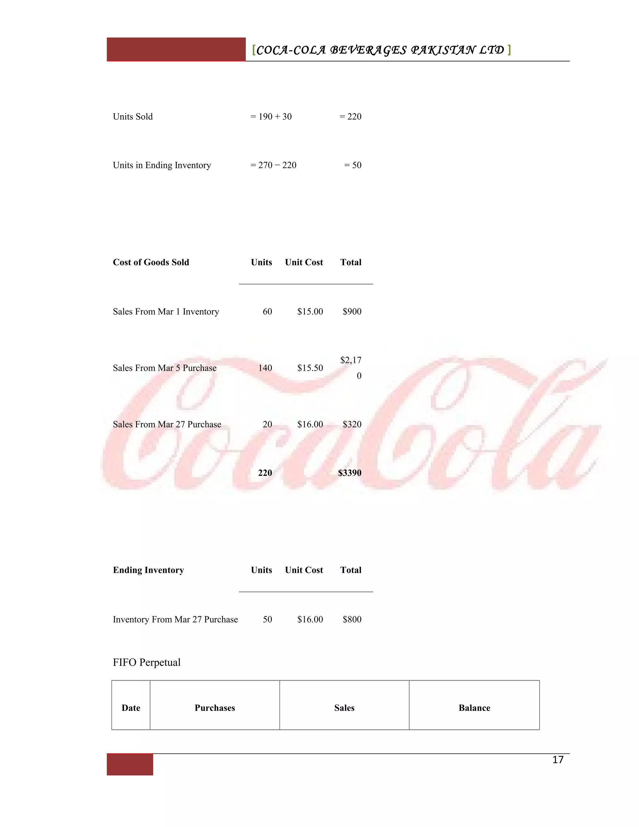 [COCA-COLA BEVERAGES PAKISTAN LTD ]
Units Sold = 190 + 30 = 220
Units in Ending Inventory = 270 − 220 = 50
Cost of Goods Sold Units Unit Cost Total
Sales From Mar 1 Inventory 60 $15.00 $900
Sales From Mar 5 Purchase 140 $15.50
$2,17
0
Sales From Mar 27 Purchase 20 $16.00 $320
220 $3390
Ending Inventory Units Unit Cost Total
Inventory From Mar 27 Purchase 50 $16.00 $800
FIFO Perpetual
Date Purchases Sales Balance
17
 