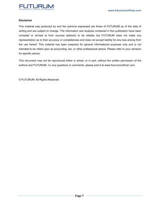 www.futurumcorfinan.com
Page 7
Disclaimer
This material was produced by and the opinions expressed are those of FUTURUM as of the date of
writing and are subject to change. The information and analysis contained in this publication have been
compiled or arrived at from sources believed to be reliable but FUTURUM does not make any
representation as to their accuracy or completeness and does not accept liability for any loss arising from
the use hereof. This material has been prepared for general informational purposes only and is not
intended to be relied upon as accounting, tax, or other professional advice. Please refer to your advisors
for specific advice.
This document may not be reproduced either in whole, or in part, without the written permission of the
authors and FUTURUM. For any questions or comments, please post it at www.futurumcorfinan.com.
© FUTURUM. All Rights Reserved
 