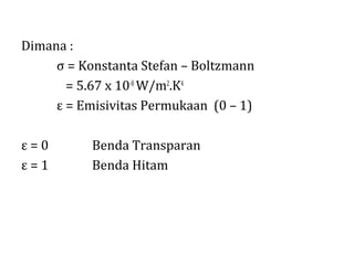 Dimana :
     σ = Konstanta Stefan – Boltzmann
       = 5.67 x 10-8 W/m2.K4
     ε = Emisivitas Permukaan (0 – 1)

ε=0        Benda Transparan
ε=1        Benda Hitam
 