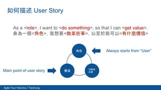 Agile Tour Hsinchu / Taichung
如何描述 User Story
As a <role>, I want to <do something>, so that I can <get value>.
身為一個<角色>，我...
