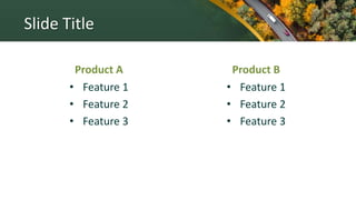 Slide Title
Product A
• Feature 1
• Feature 2
• Feature 3
Product B
• Feature 1
• Feature 2
• Feature 3
 
