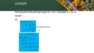 contoh
Tentukanlah titik potong fungsi 2x + 3y = 4 dengan x + 2y =1
Jawab :
a).
...1) masukan ke 2)
2
34
342
432
y
x
yx
yx




2
4243
2434
12
2
34
12






 

y
yy
yy
y
y
yx
...2)
X 2
 