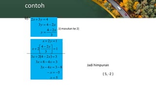contoh
b).
...1) masukan ke 2)
Jadi himpunan
penyelesaiannya
{ 5, -2 }
3
24
243
432
x
y
xy
yx




 
5
5
8343
3483
32423
1
3
24
2
12








 


x
x
xx
xx
xx
x
x
yx ...2)
X 3
 