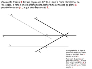 Uma recta frontal  f  faz um ângulo de 30º (a.e.) com o Plano Horizontal de Projecção, e tem 3 cm de afastamento. Determina os traços do plano  α ,  perpendicular ao  β 1,3 , e que contém a recta  f . f 2   f 1   f α  h α  O traço frontal do plano é paralelo à projecção frontal da recta, porque o plano  α   contém a recta   f .  Pelo facto do plano  α  ser perpendicular ao  β 1,3  têm os seus traços simétricos,  f α  é simétrico com  h α  em relação ao eixo  x . x H 1 H 2 